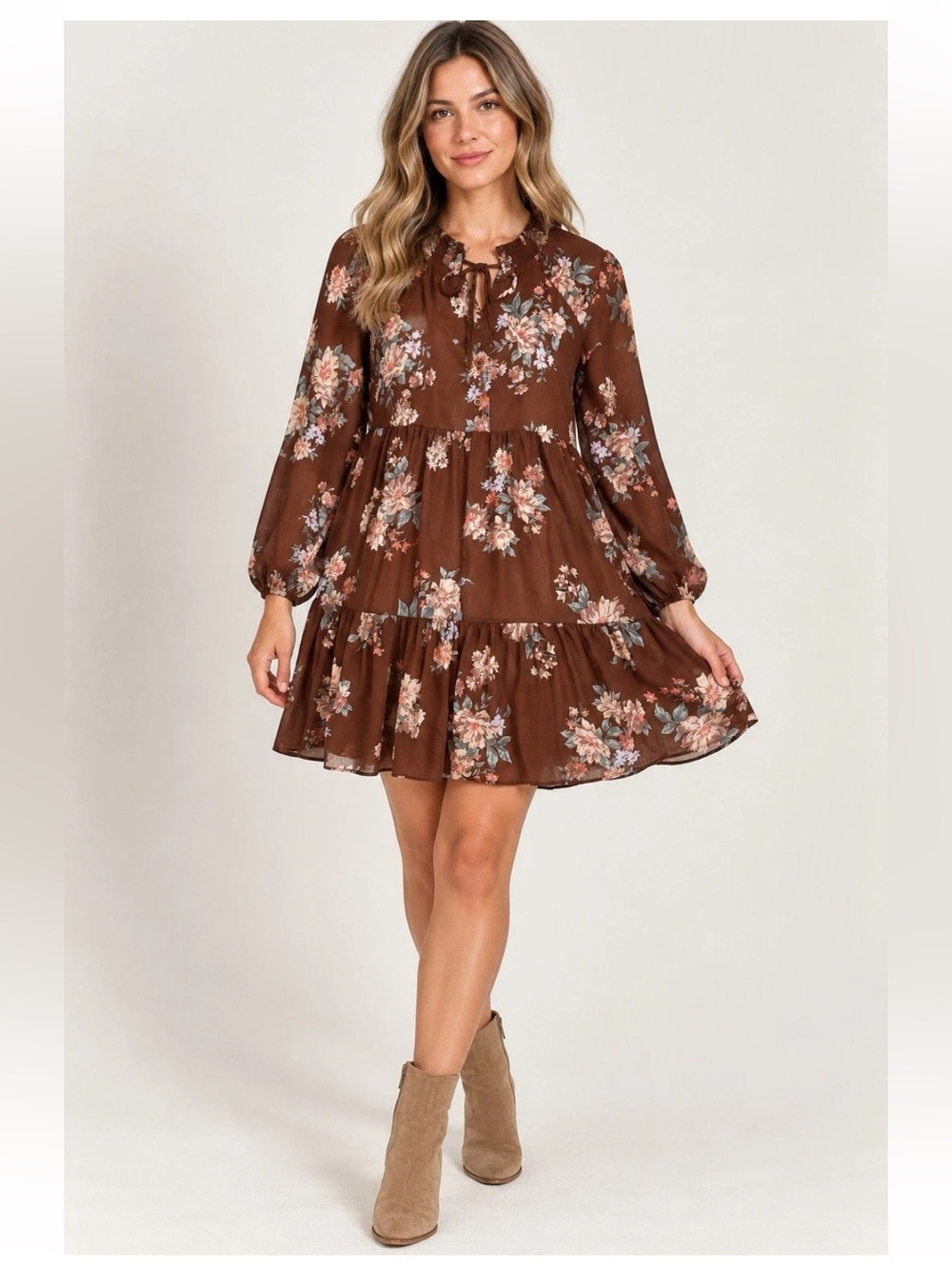 American Eagle Brown Floral Tiered Mini Dress XS Long Sleeve Cottagecore